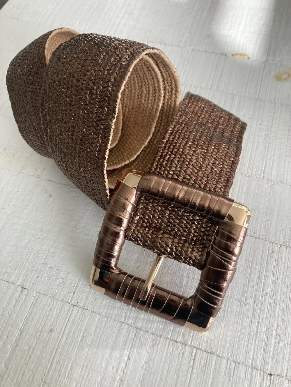 Corset Wide Woven Waist Belt Metallic Bronze Stretch Chunky Square Buckle S/M/L